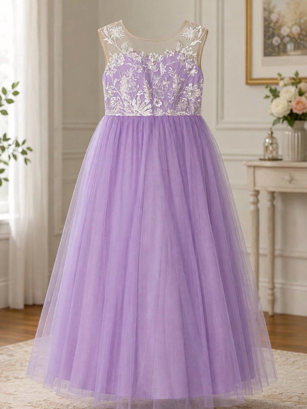 Lilac Tulle Floral Appliqué Girls' Formal Dress